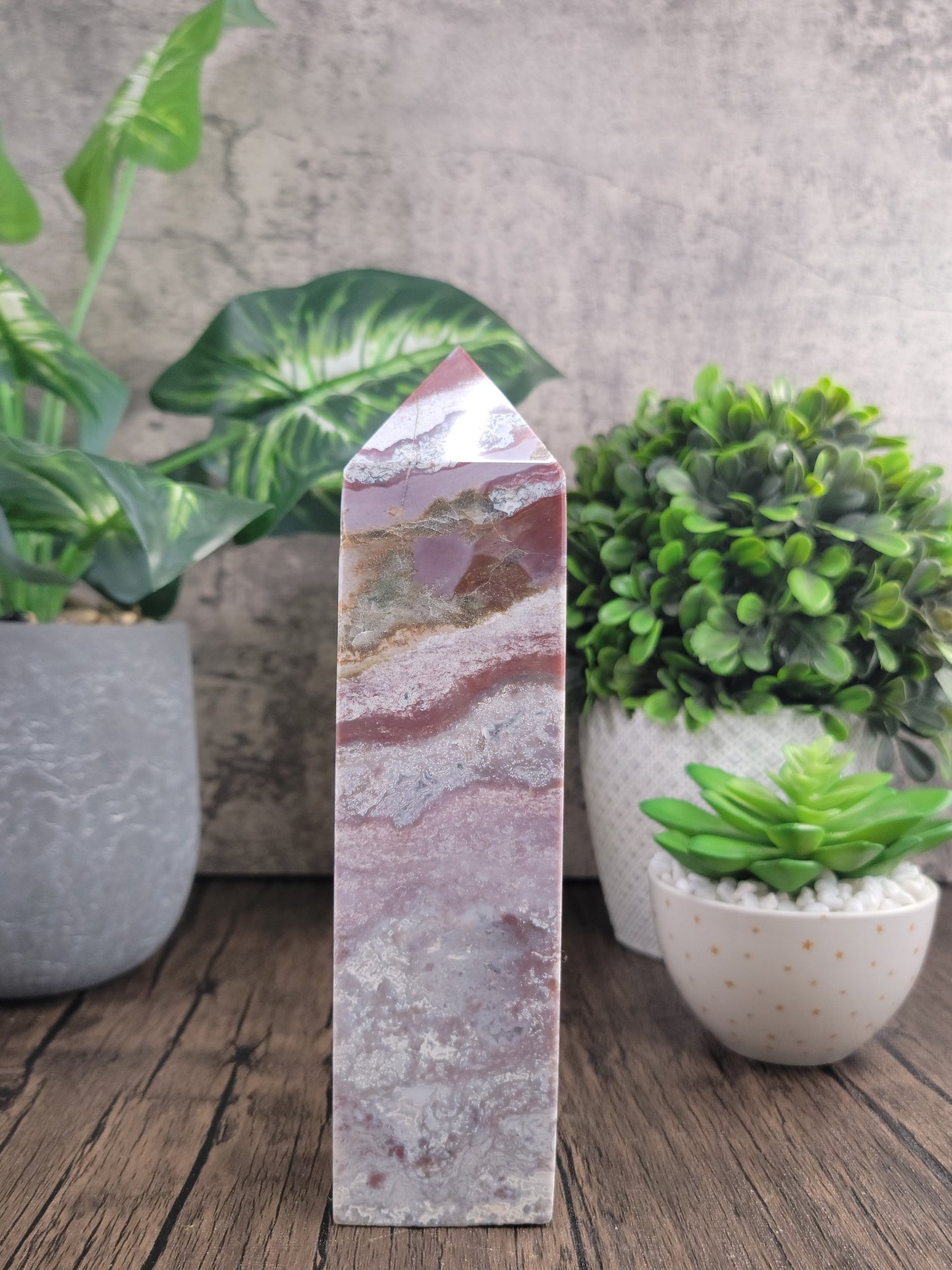 PInk Ocean Aquatic Jasper With Moss Agate Tower Obelisk