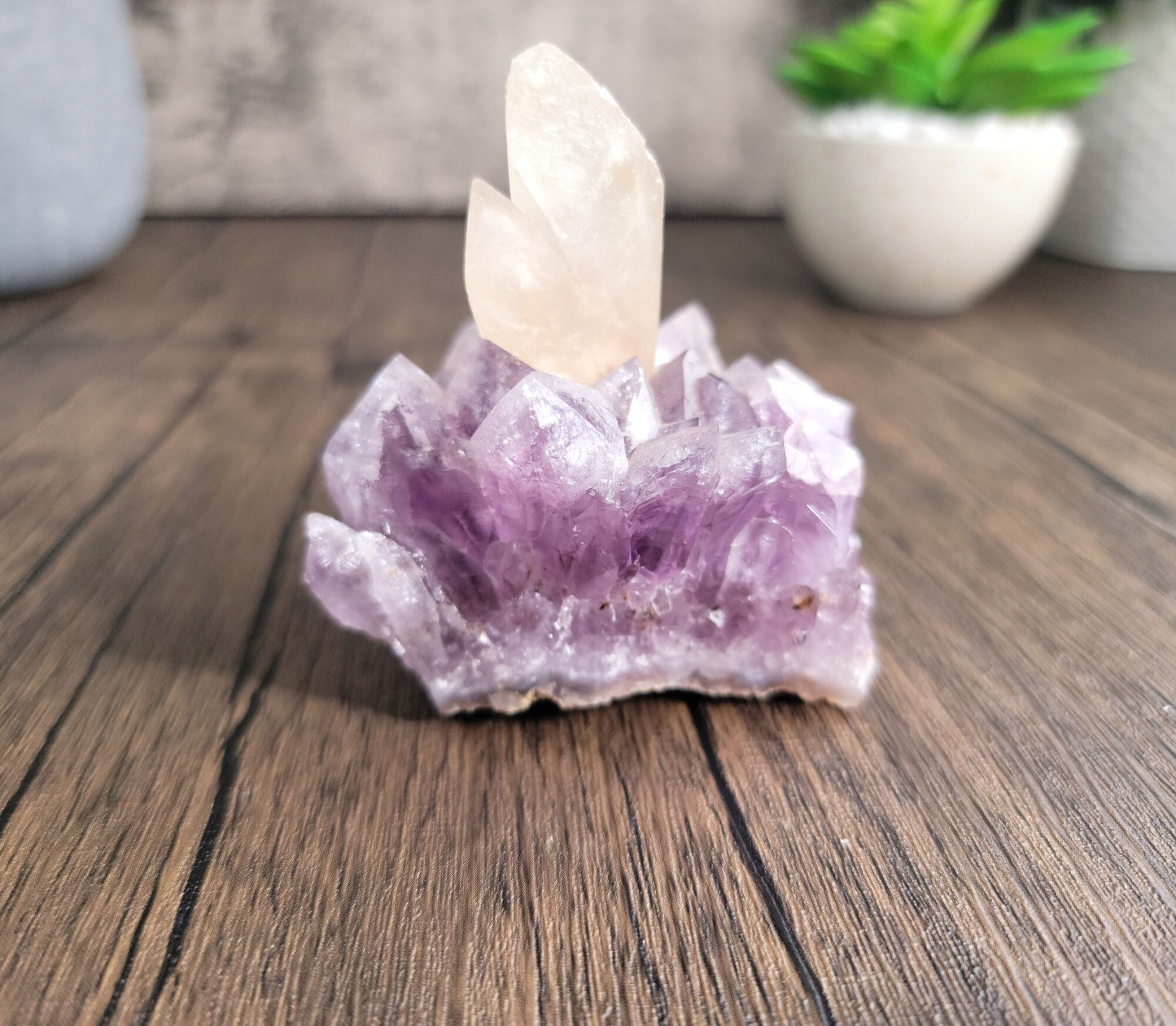 Amethyst Geode Cluster with Calcite Double Point and Druzy