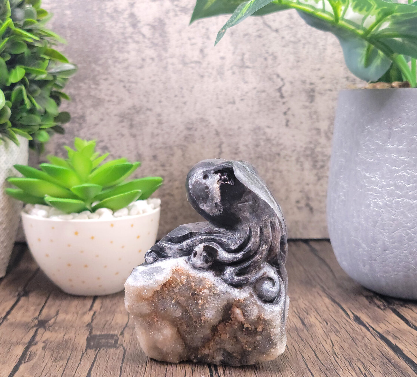 Black Chalcedony Druzy Hand Carved Octopus 3.78"