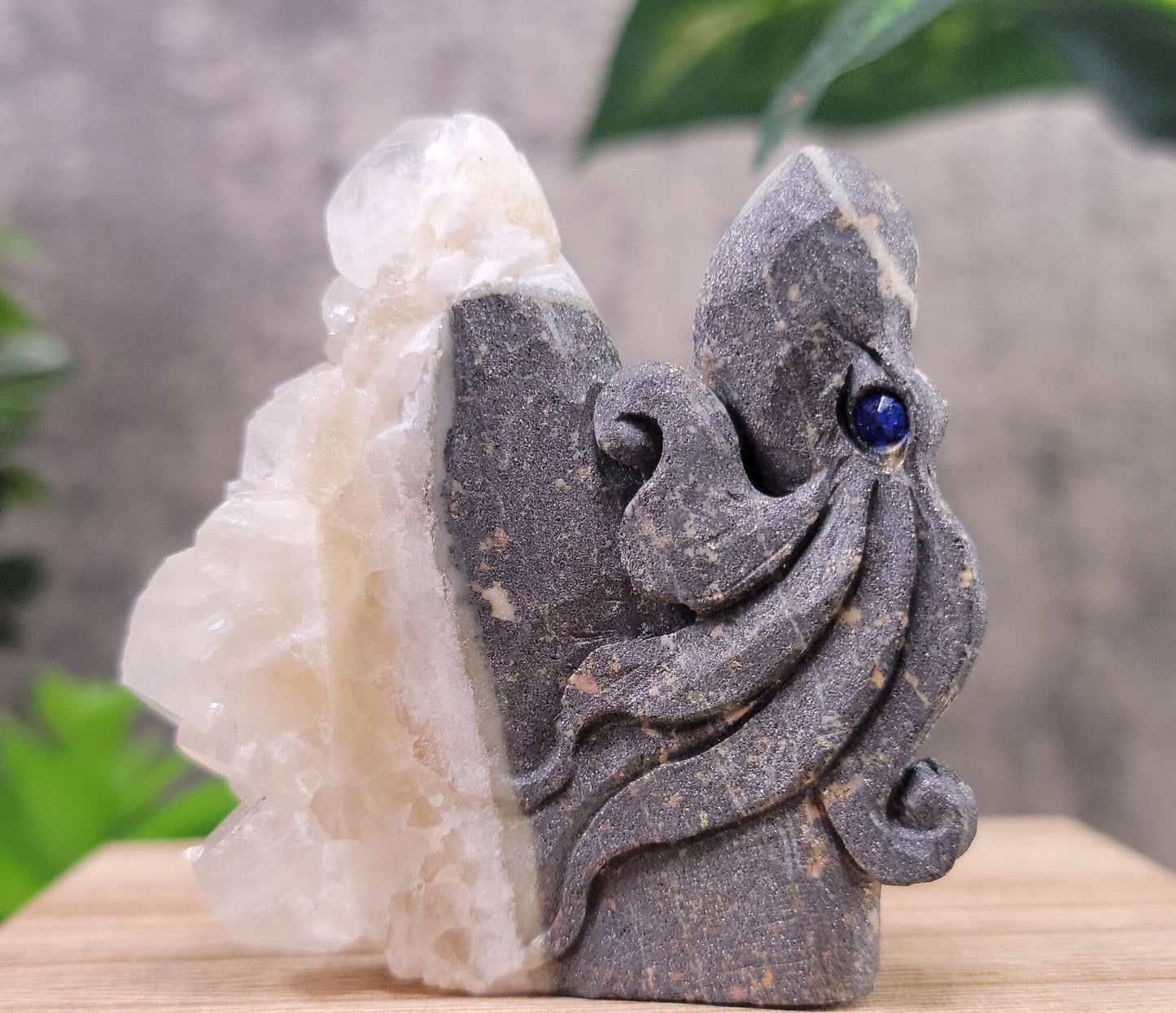 Quartz Cluster, Hand Carved Octopus, Blue Eye with Gold Flecks
