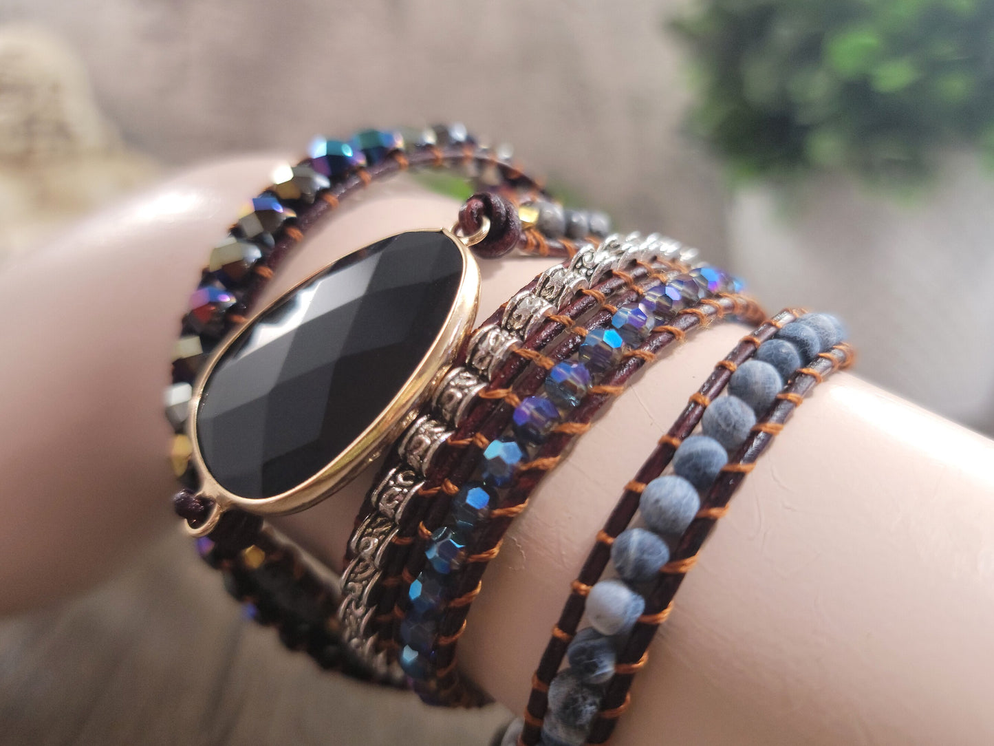Black Onyx, 5 Strand, Boho Beaded, Leather Wrap Bracelet