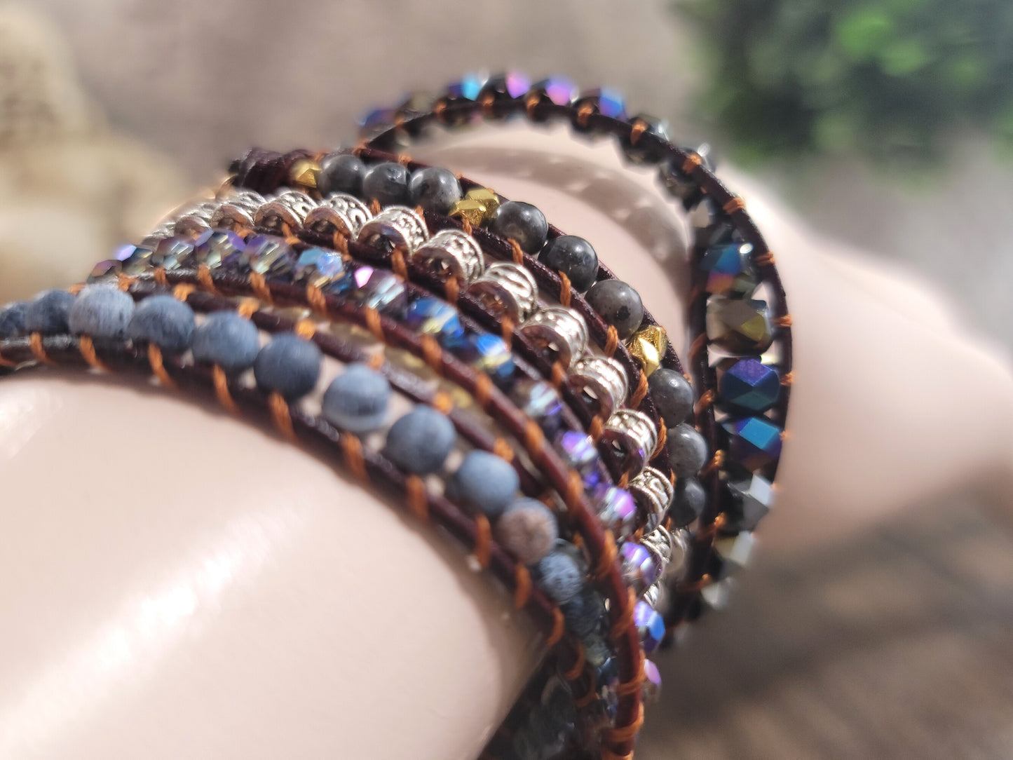 Black Onyx, 5 Strand, Boho Beaded, Leather Wrap Bracelet