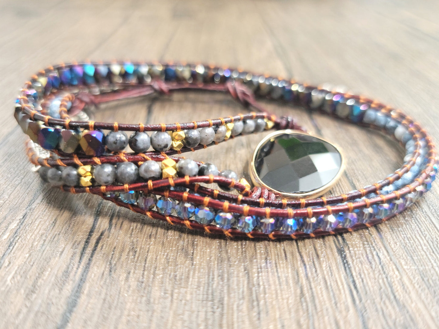 Black Onyx, 5 Strand, Boho Beaded, Leather Wrap Bracelet