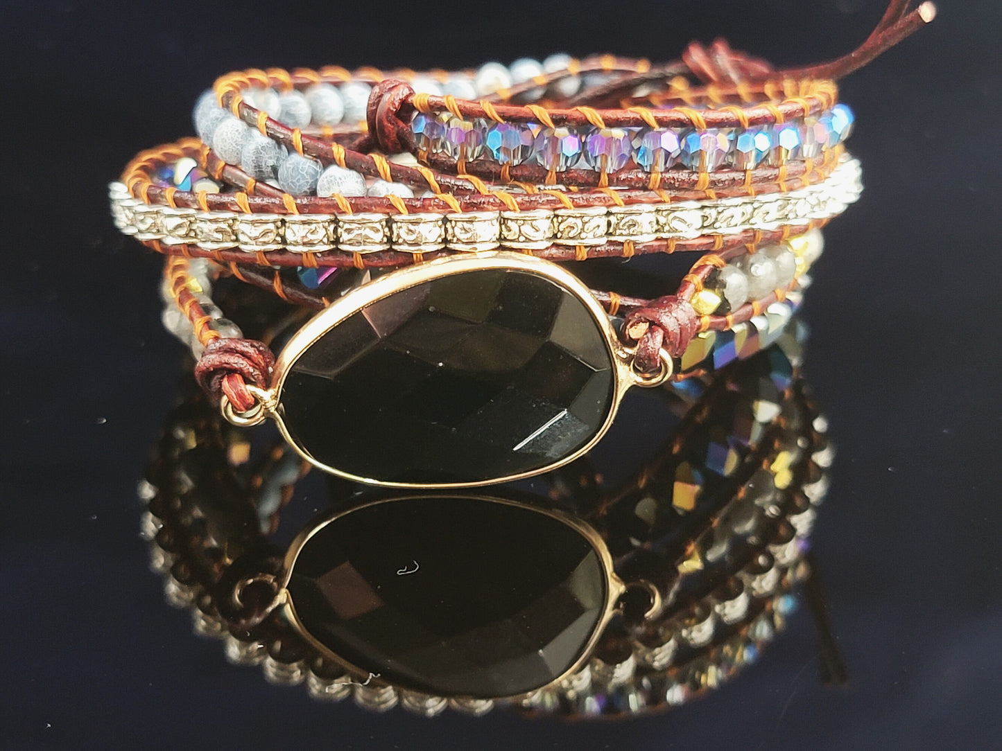 Black Onyx, 5 Strand, Boho Beaded, Leather Wrap Bracelet