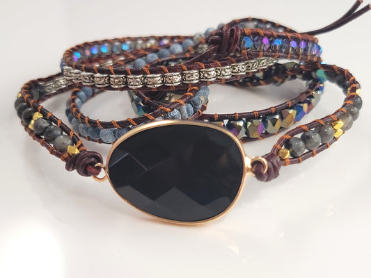 Black Onyx, 5 Strand, Boho Beaded, Leather Wrap Bracelet