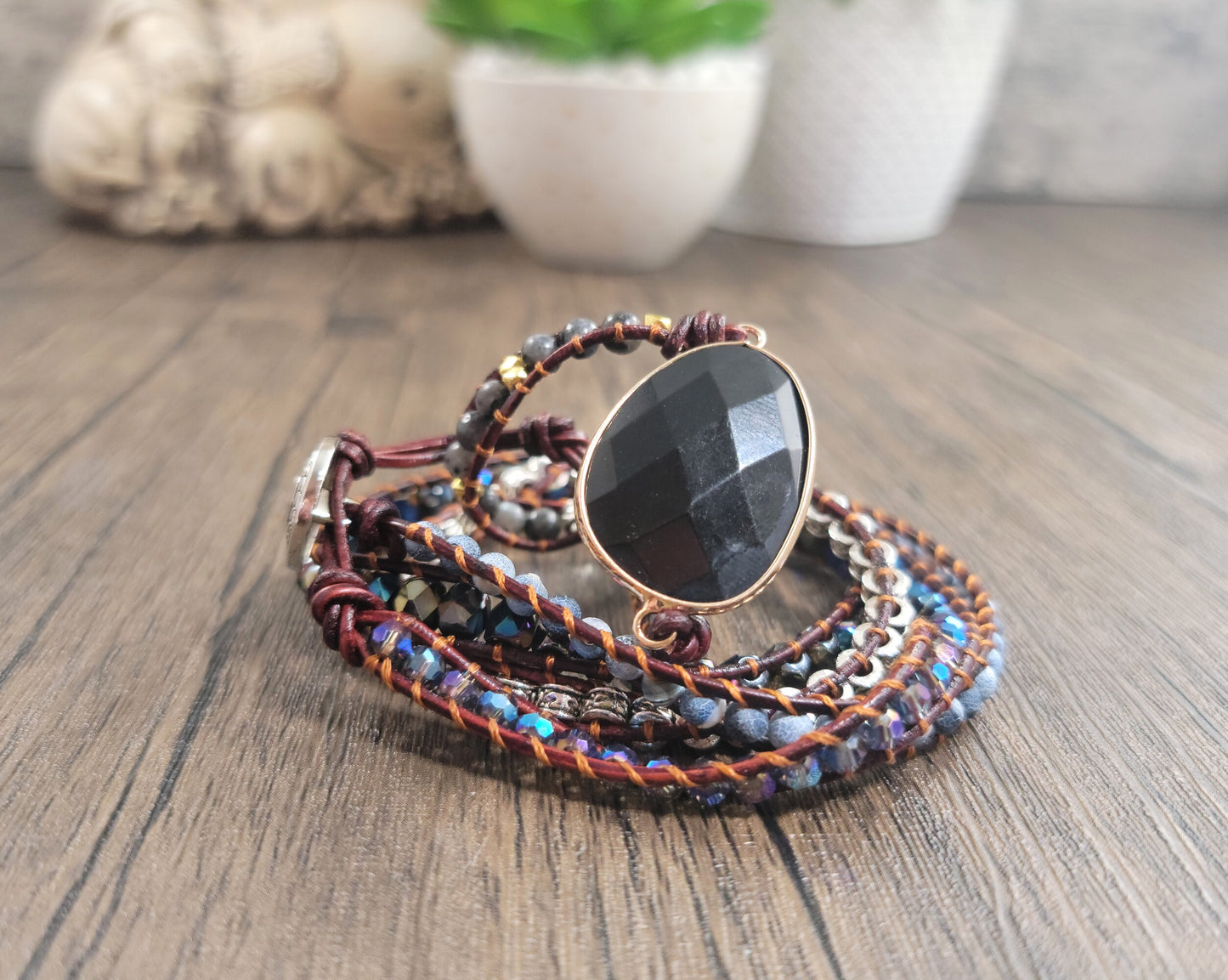 Black Onyx, 5 Strand, Boho Beaded, Leather Wrap Bracelet