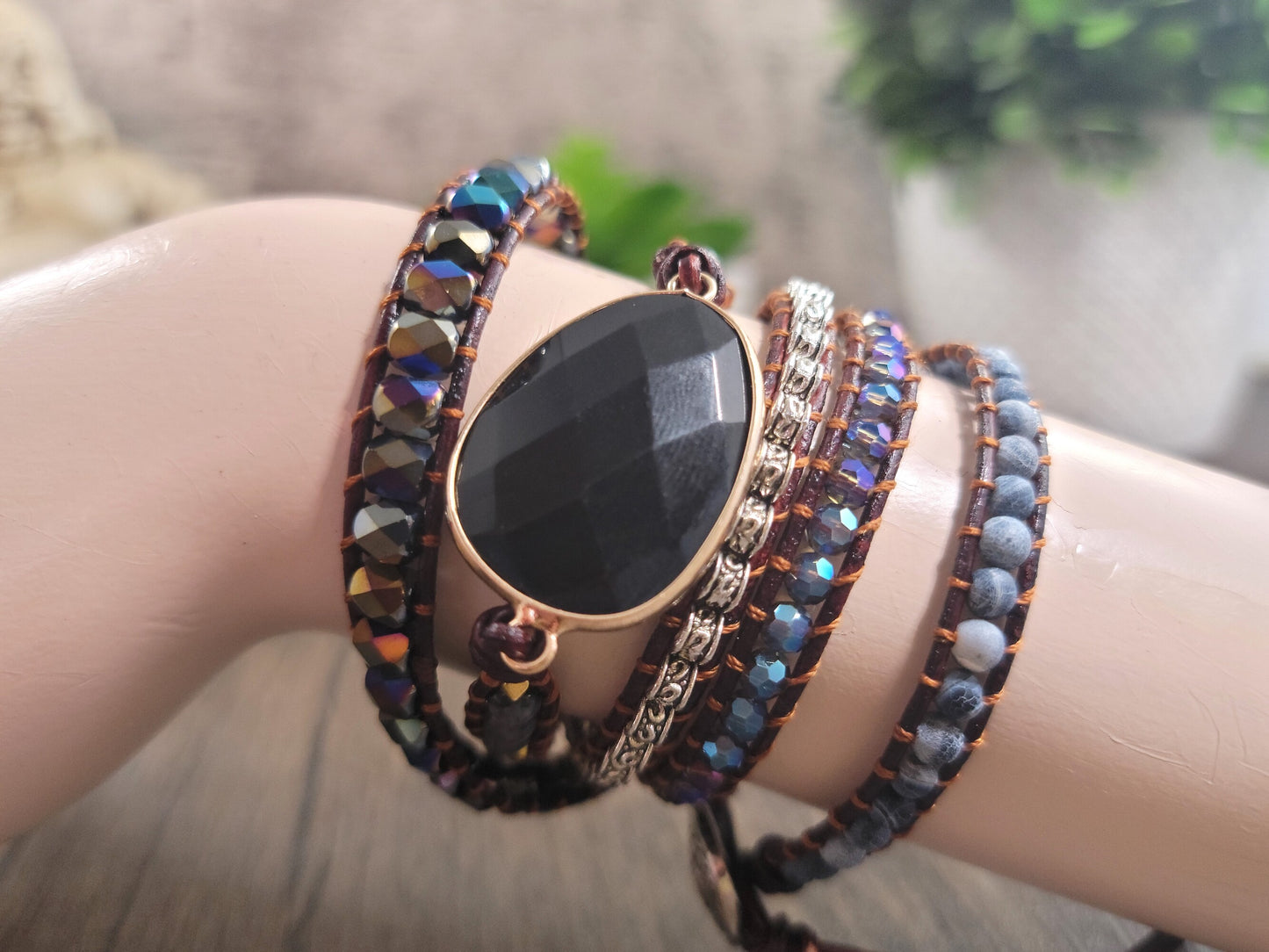 Black Onyx, 5 Strand, Boho Beaded, Leather Wrap Bracelet