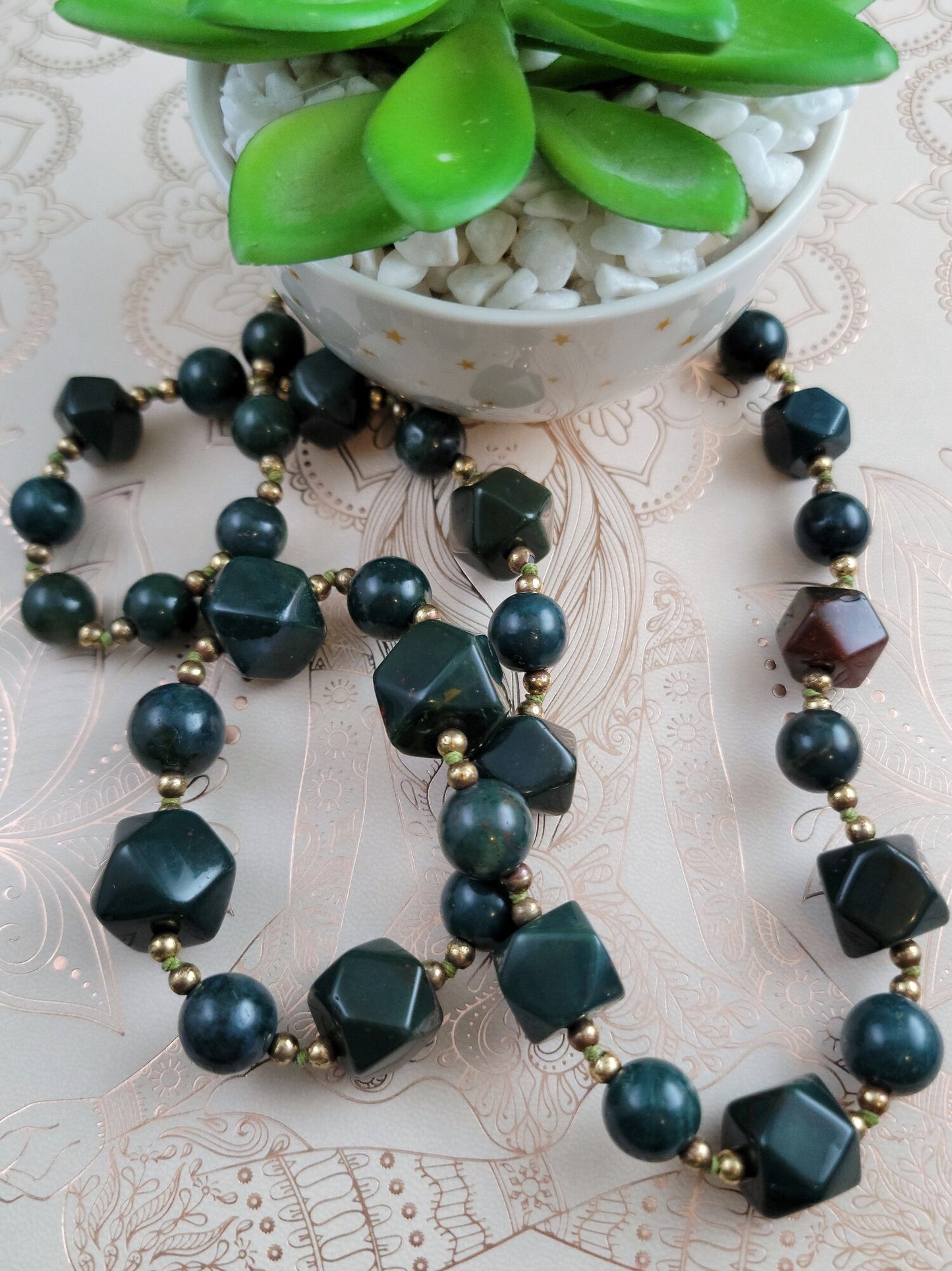 Bloodstone Heliotrope Beaded Vintage Necklace, 32" Mid-Century to 1970s