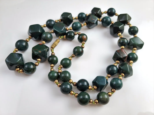 Bloodstone Heliotrope Beaded Vintage Necklace, 32" Mid-Century to 1970s