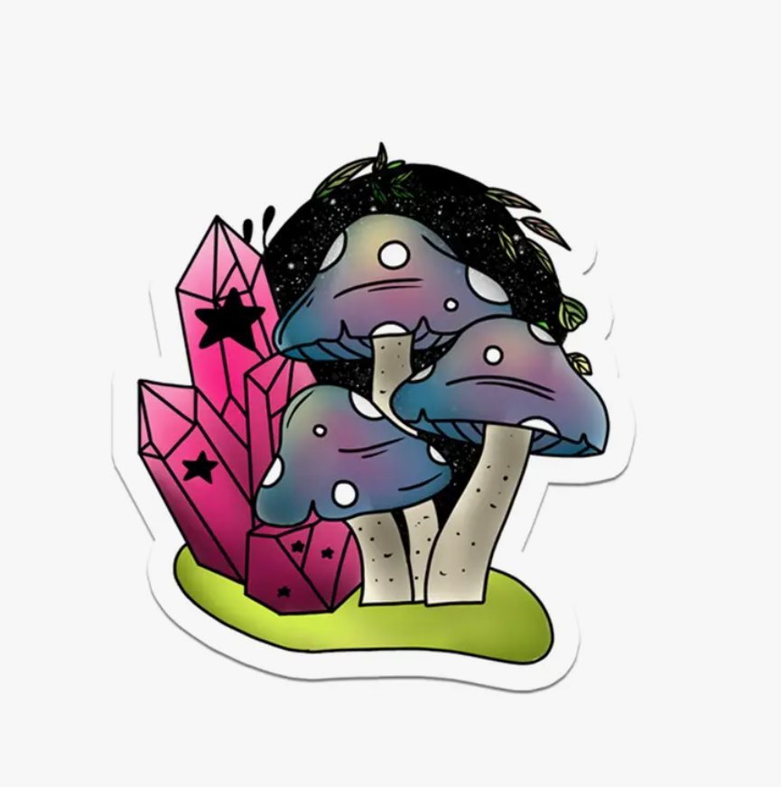 Blue Mushrooms with Pink Crystals Vinyl Sticker 2.7"