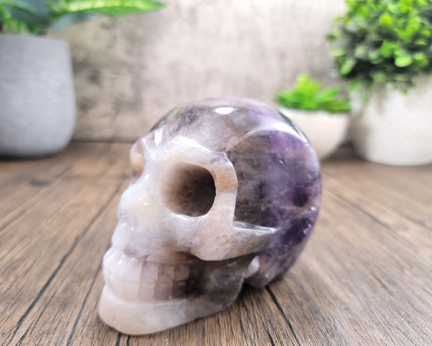 Chevron Amethyst Hand Carved Skull 1.77 Lbs, Over 4"