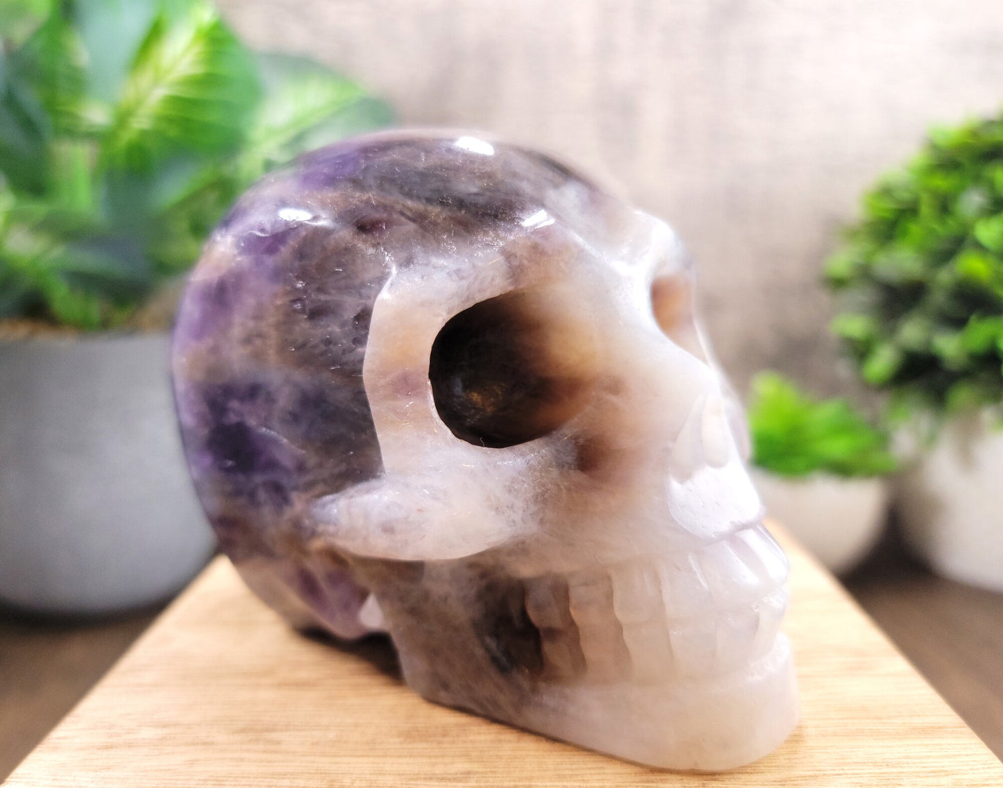 Chevron Amethyst Hand Carved Skull 1.77 Lbs, Over 4"
