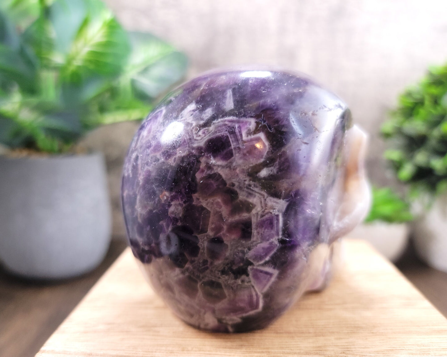 Chevron Amethyst Hand Carved Skull 1.77 Lbs, Over 4"