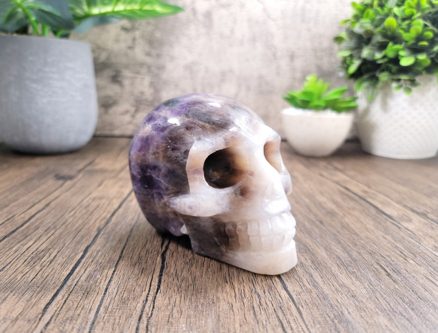 Chevron Amethyst Hand Carved Skull 1.77 Lbs, Over 4"