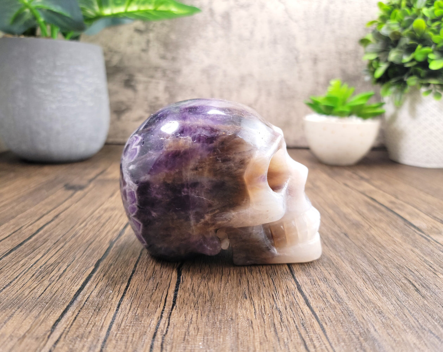 Chevron Amethyst Hand Carved Skull 1.77 Lbs, Over 4"