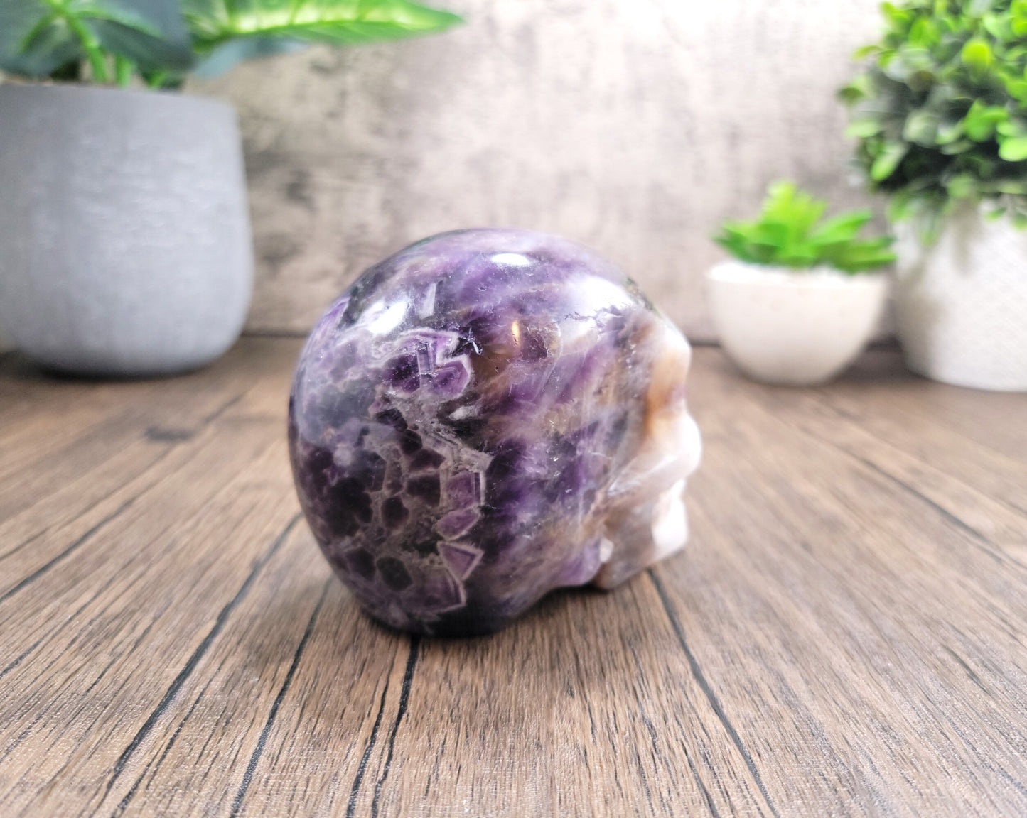 Chevron Amethyst Hand Carved Skull 1.77 Lbs, Over 4"