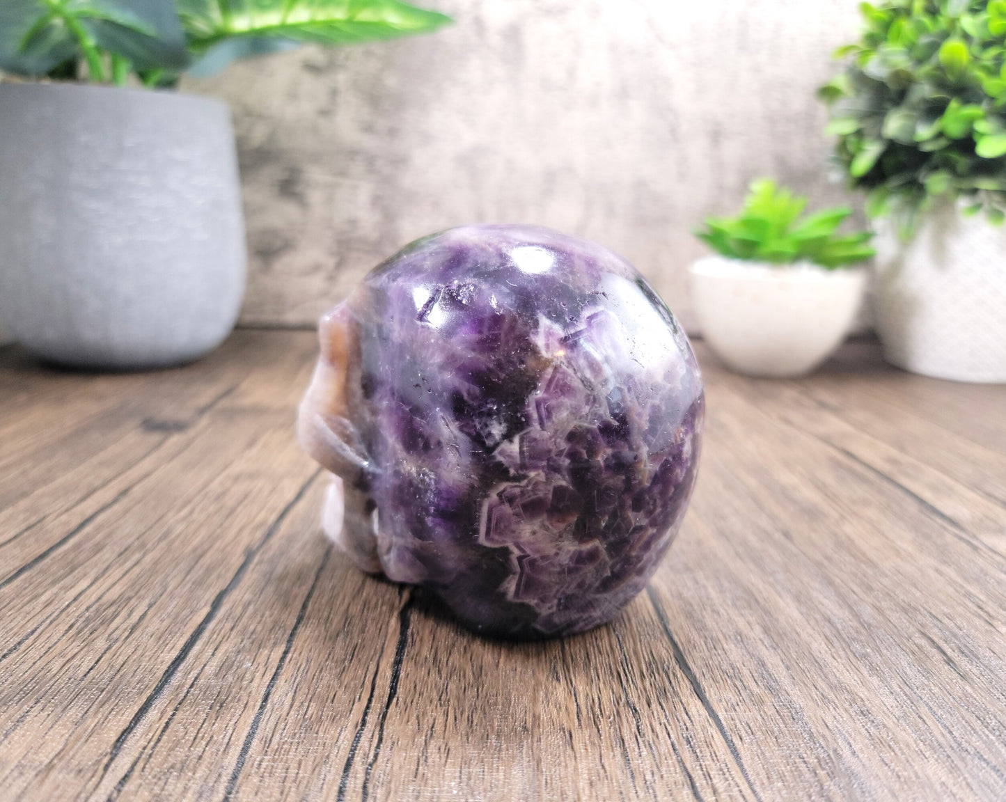 Chevron Amethyst Hand Carved Skull 1.77 Lbs, Over 4"