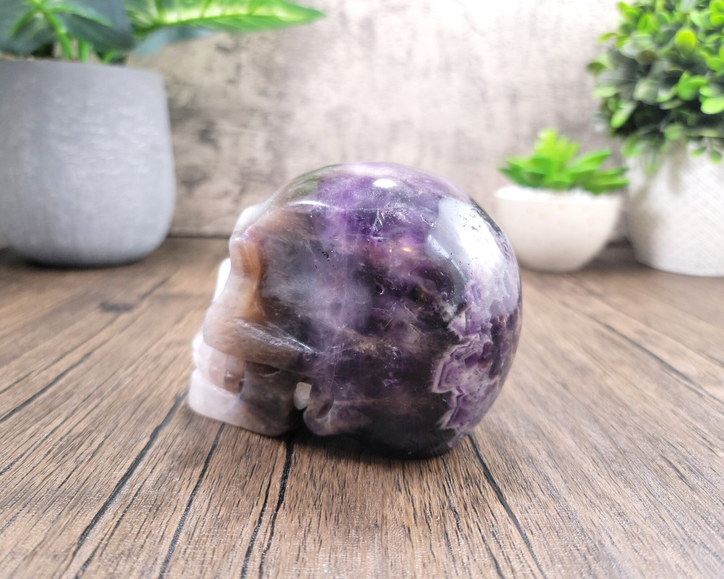 Chevron Amethyst Hand Carved Skull 1.77 Lbs, Over 4"