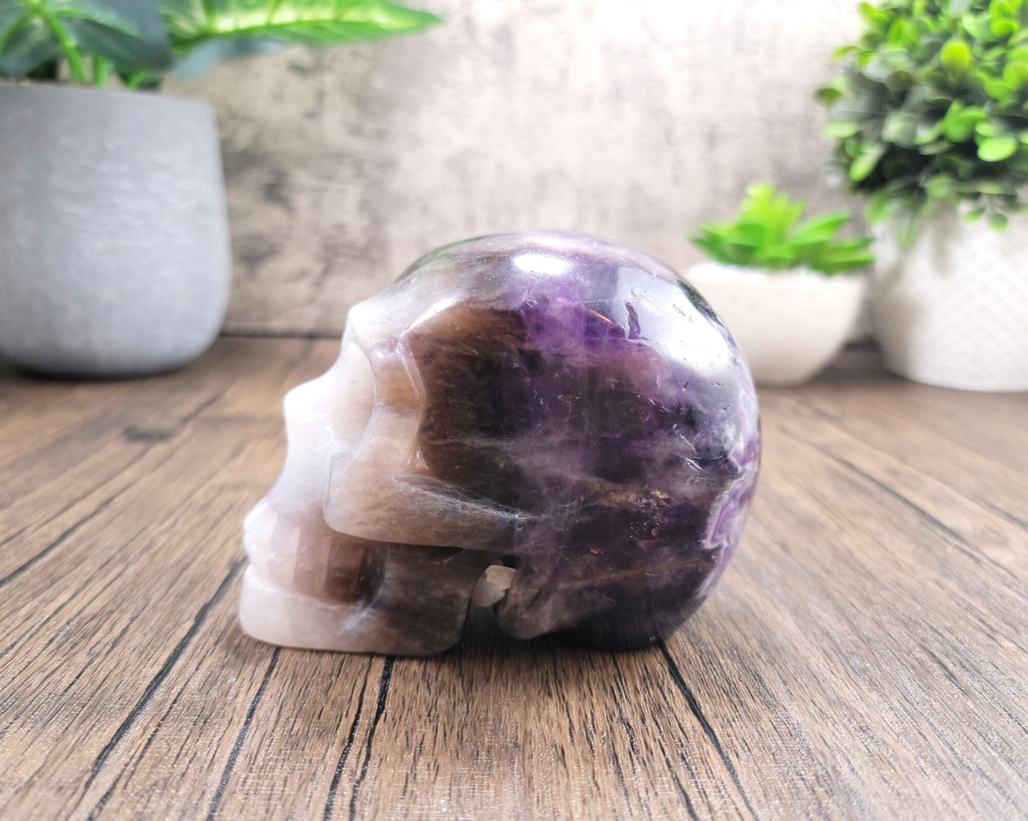 Chevron Amethyst Hand Carved Skull 1.77 Lbs, Over 4"
