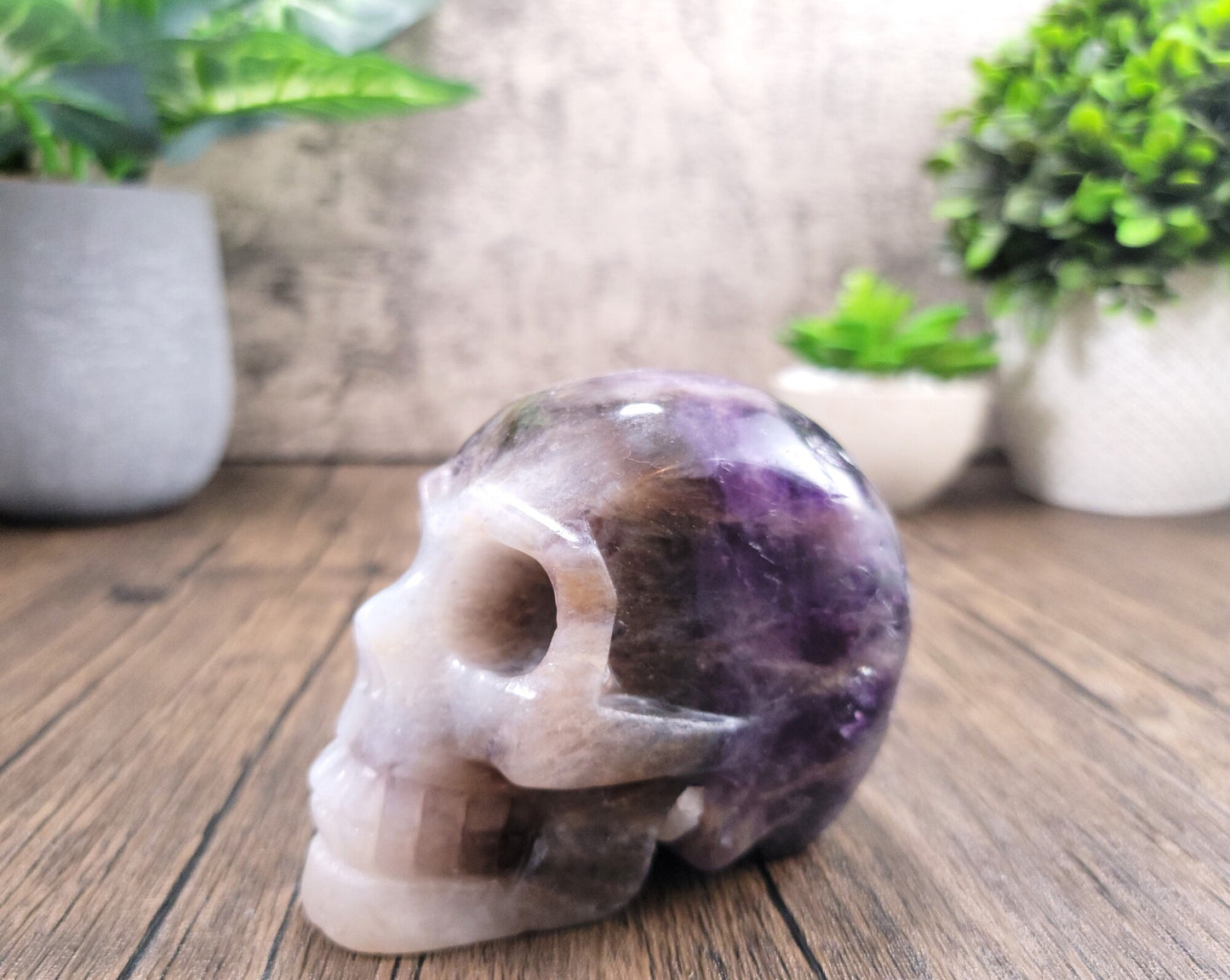 Chevron Amethyst Hand Carved Skull 1.77 Lbs, Over 4"