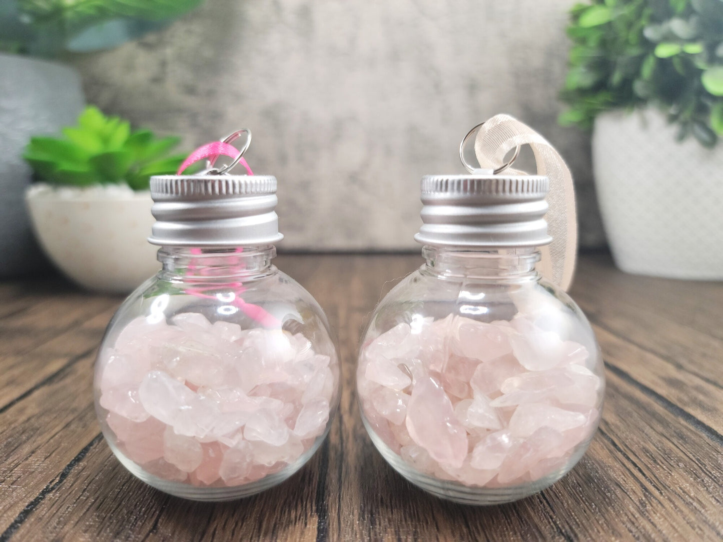 Hanging Bulb, Bottle, Ornament with Rose Quartz Crystal Chips