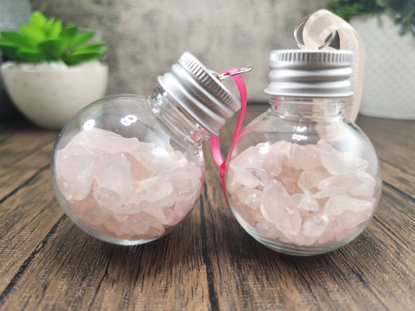 Hanging Bulb, Bottle, Ornament with Rose Quartz Crystal Chips