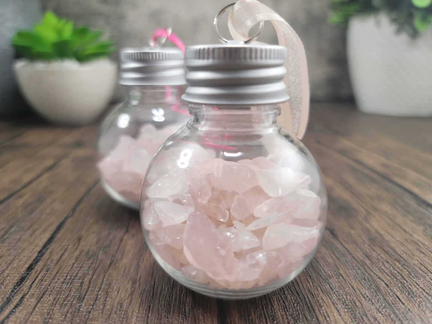 Hanging Bulb, Bottle, Ornament with Rose Quartz Crystal Chips