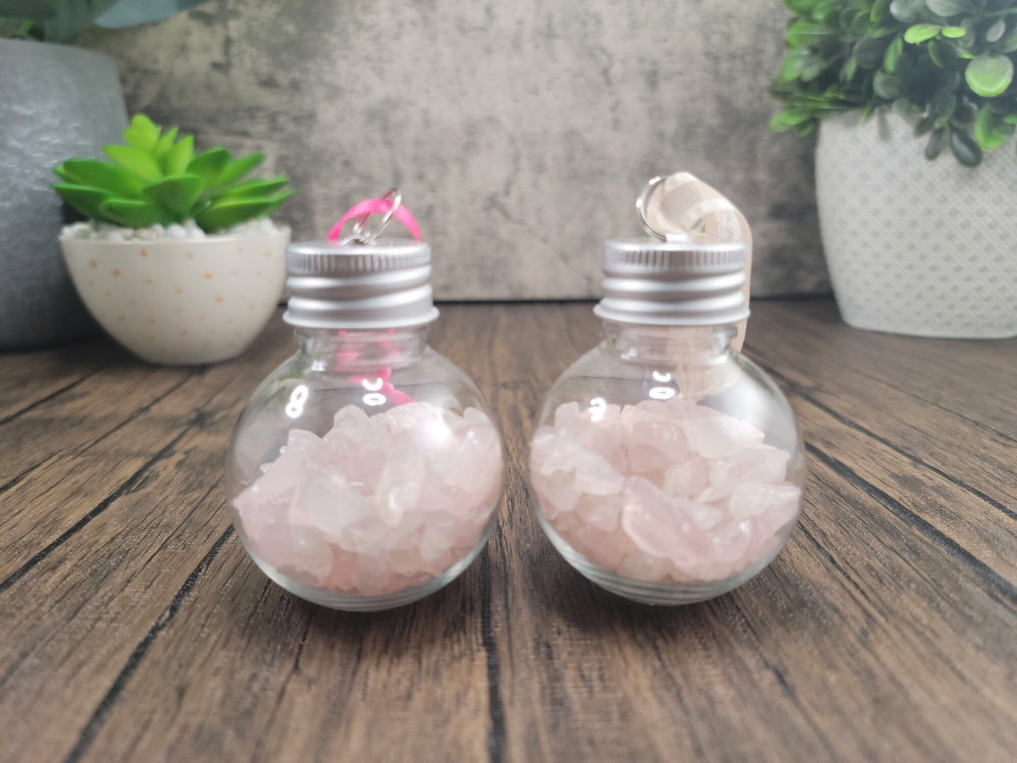 Hanging Bulb, Bottle, Ornament with Rose Quartz Crystal Chips