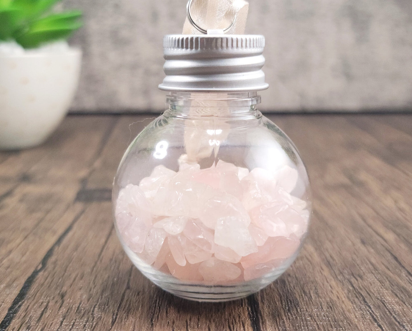 Hanging Bulb, Bottle, Ornament with Rose Quartz Crystal Chips