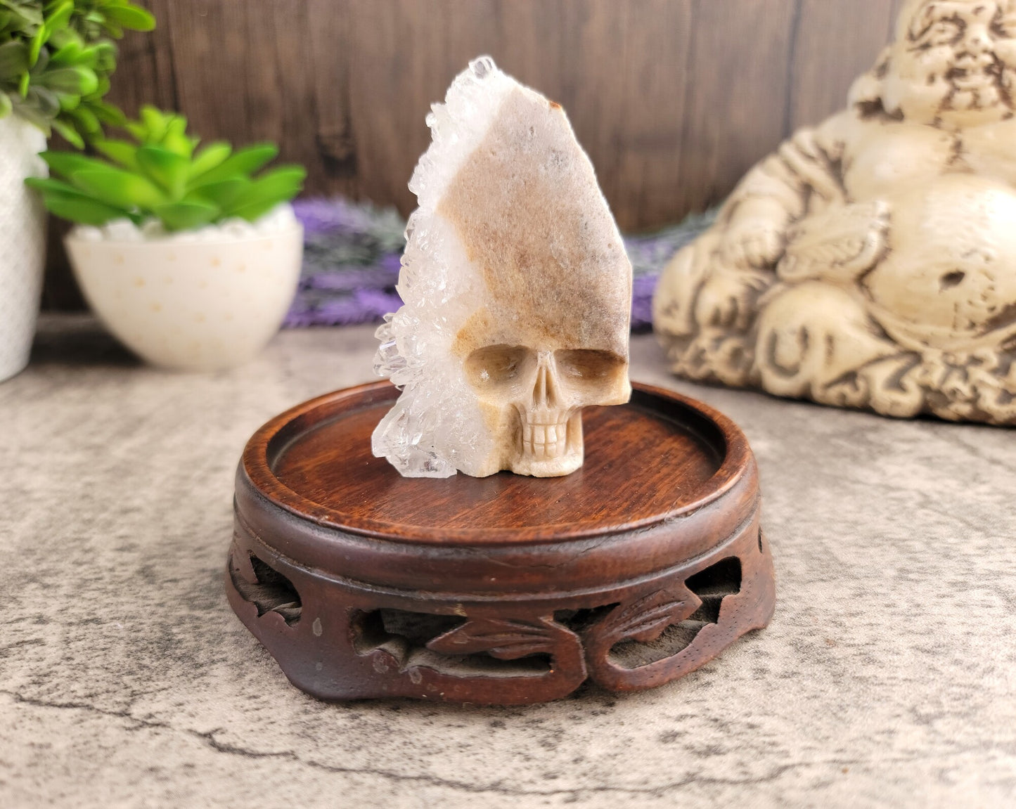 Chrysanthemum Clear Quartz Cluster Hand Carved Crystal Skull