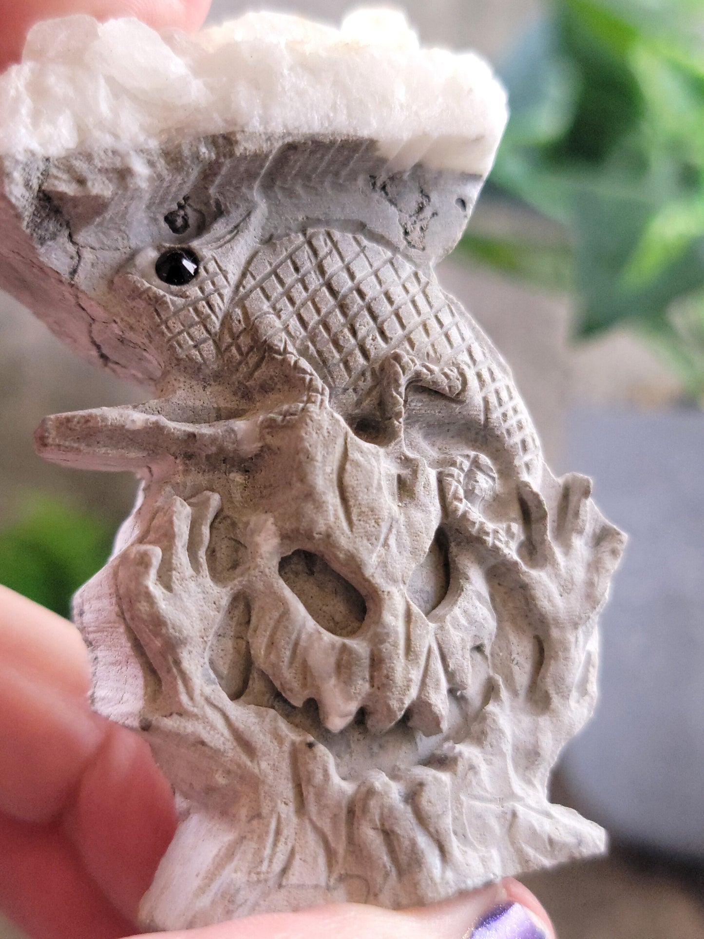 Chrysanthemum Clear Quartz Cluster Hand Carved Tree Spirit with Chameleon Lizard