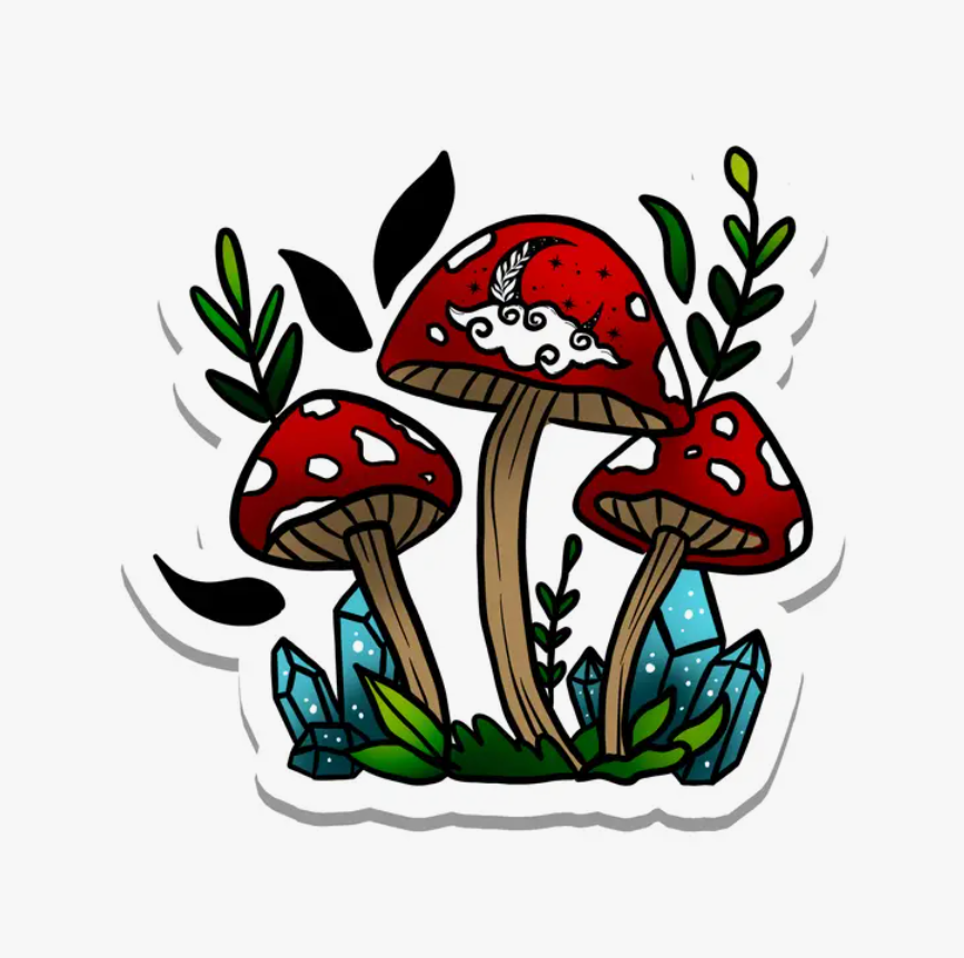Cottagecore Red Mushrooms and Moon Vinyl Sticker 2.5"