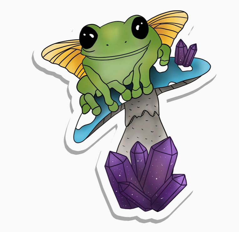 Frog, Toad Butterfly Fairy on Blue Mushroom with Amethyst Crystals Holographic Vinyl Sticker 3"