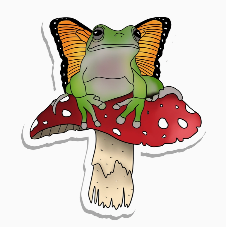 Frog, Toad Butterfly Fairy on Red Mushroom Toadstool Holographic Vinyl Sticker 2.7"