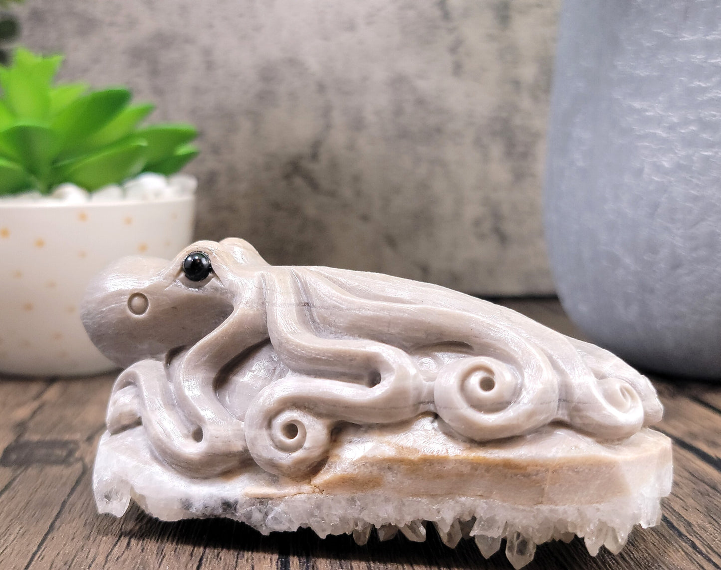 Calcite and Clear Chrysanthemum Quartz Cluster Hand Carved Octopus, 4.25"