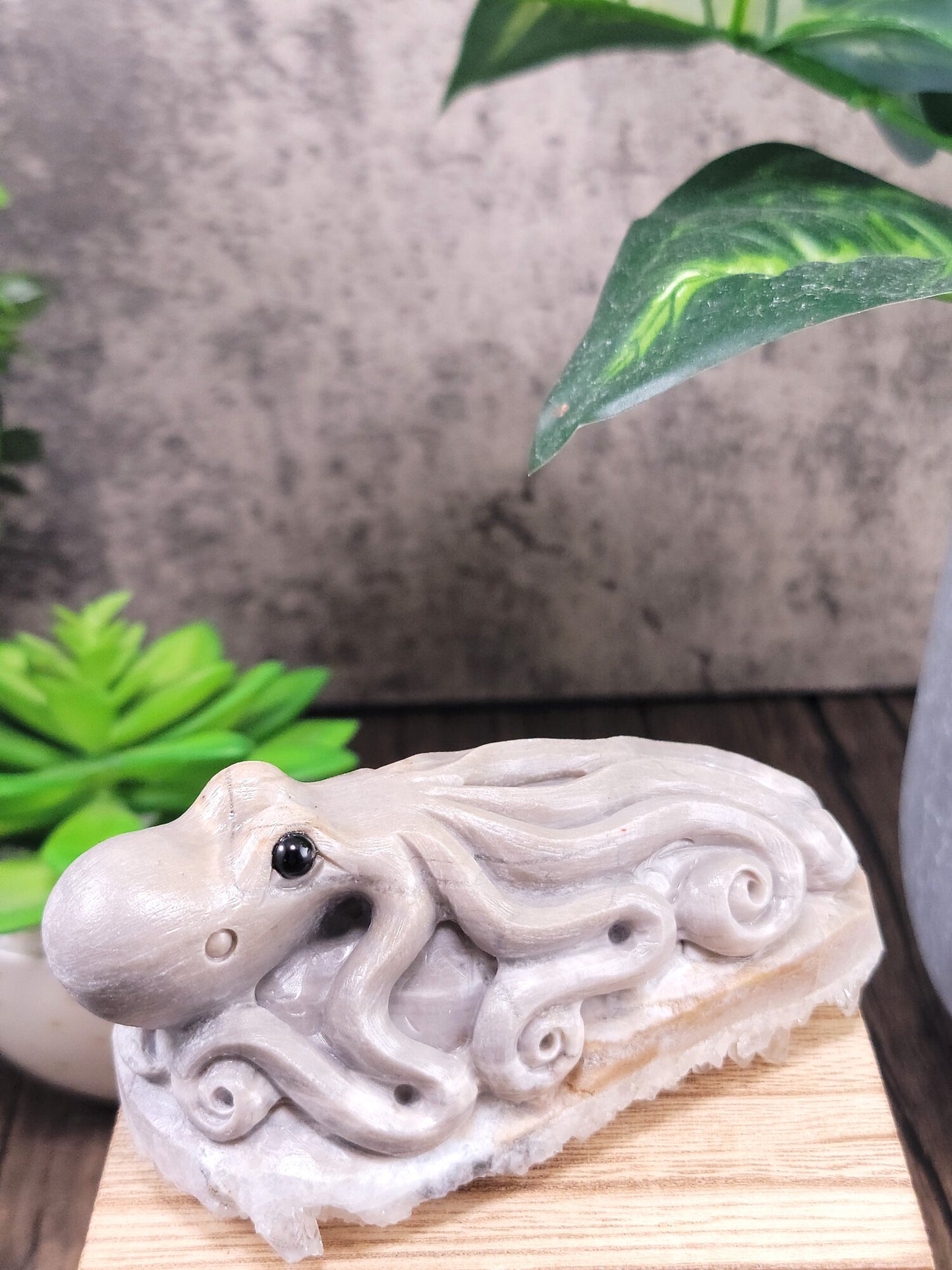 Calcite and Clear Chrysanthemum Quartz Cluster Hand Carved Octopus, 4.25"