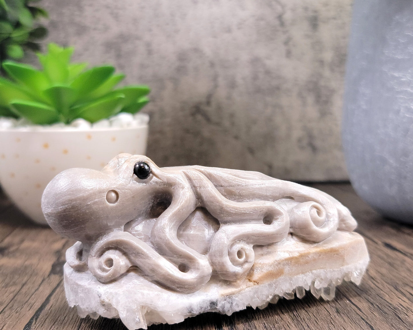 Calcite and Clear Chrysanthemum Quartz Cluster Hand Carved Octopus, 4.25"