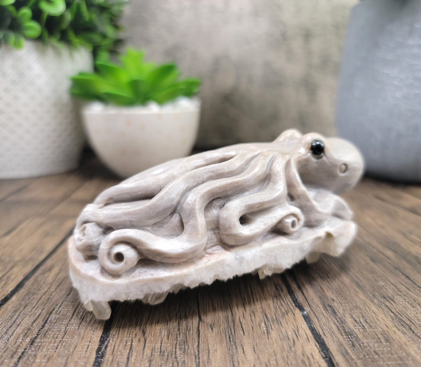 Calcite and Clear Chrysanthemum Quartz Cluster Hand Carved Octopus, 4.25"
