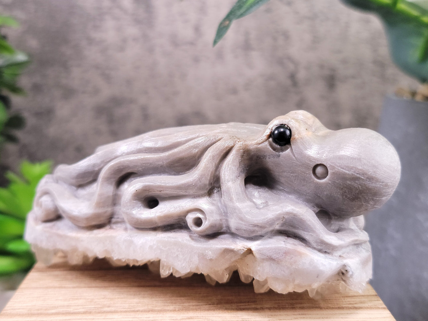 Calcite and Clear Chrysanthemum Quartz Cluster Hand Carved Octopus, 4.25"