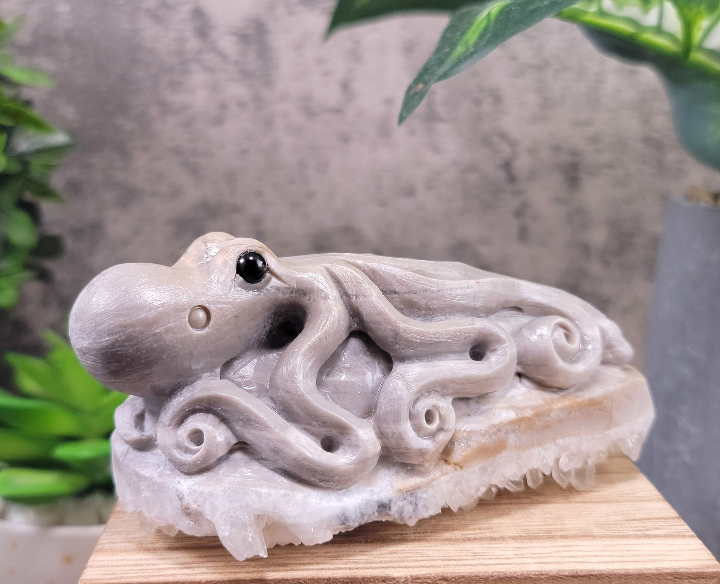 Calcite and Clear Chrysanthemum Quartz Cluster Hand Carved Octopus, 4.25"