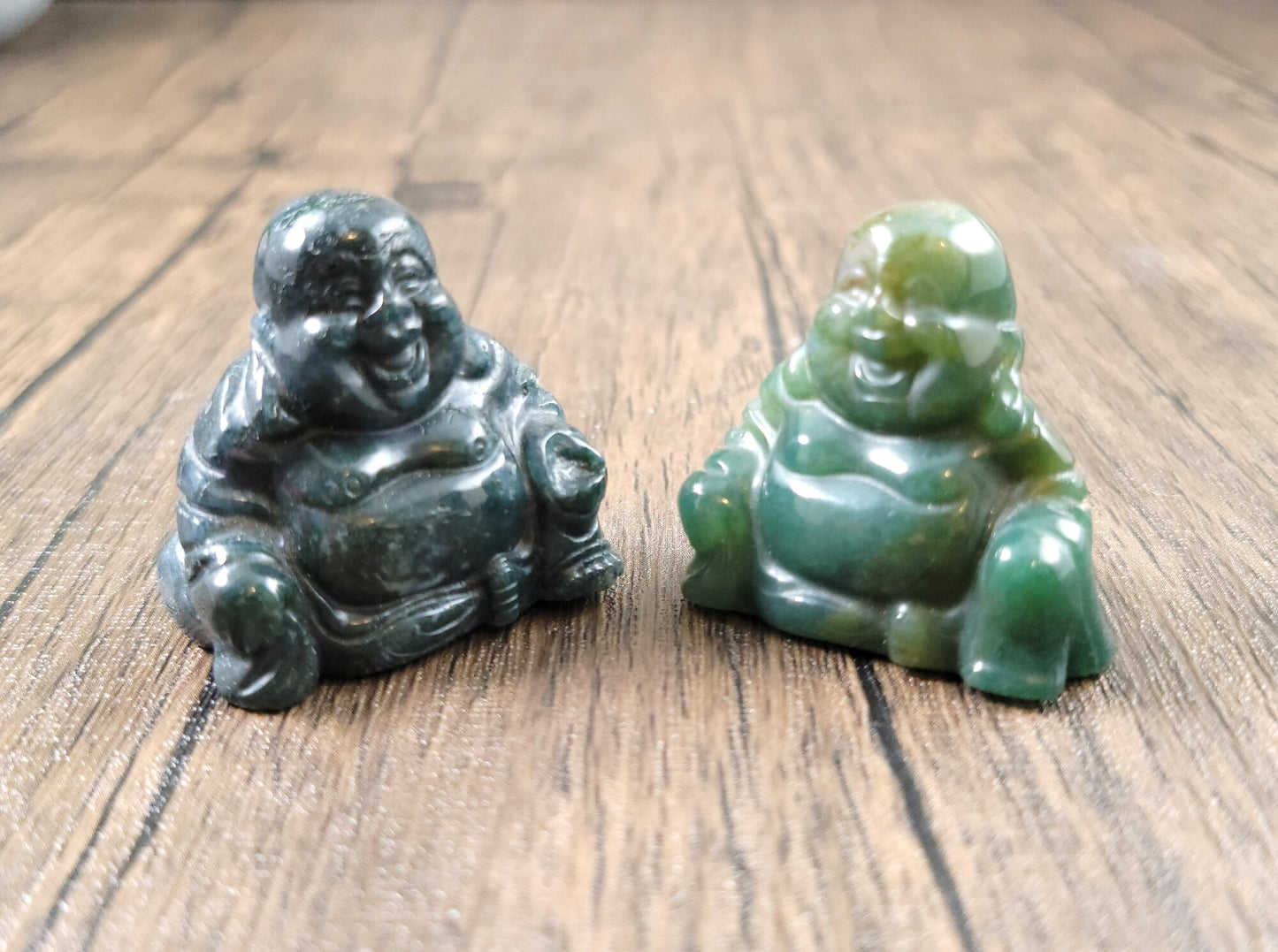 Moss Agate Happy, Laughing, Buddha Maitreya Carving