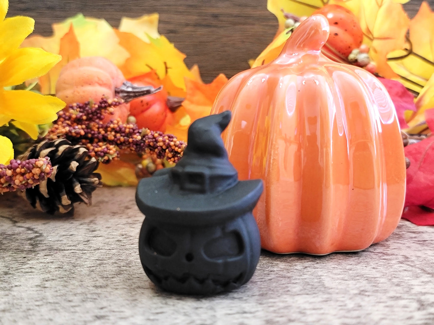 Black Obsidian Pumpkin With Sorcerer, Witch Hat Carving