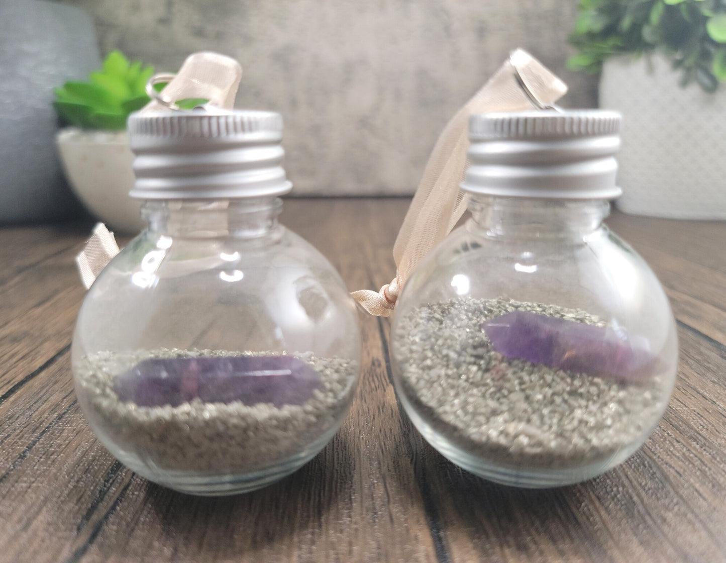 Hanging Bulb, Bottle, Ornament with Pyrite and Amethyst Double Terminated Point