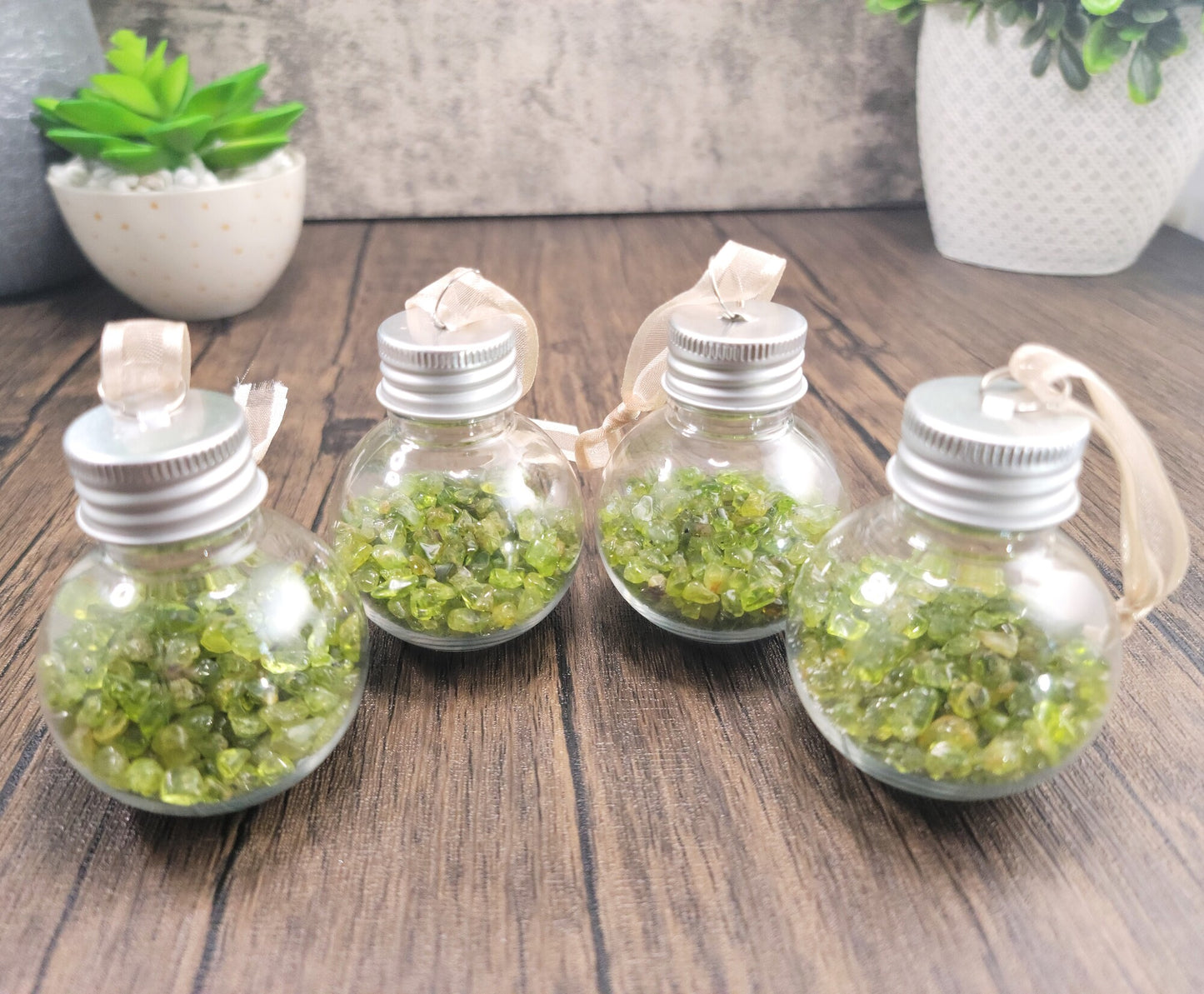 Hanging Bulb, Bottle, Ornament with Peridot Crystal Chips