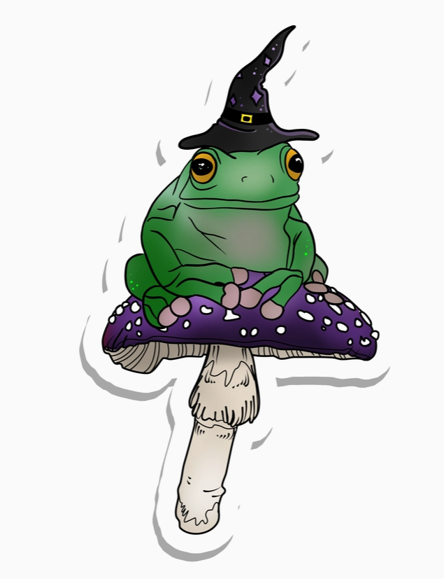 Frog with Sorcerer Hat on Mushroom, Witchy Toad Holographic Vinyl Sticker 3"