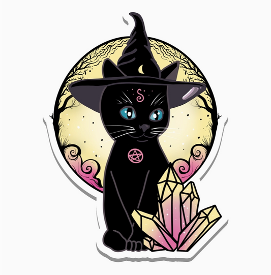 Black Cat With Hat with Pink and Yellow Crystals Vinyl Sticker 3"