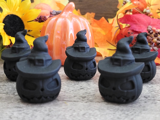 Black Obsidian Pumpkin With Sorcerer, Witch Hat Carving